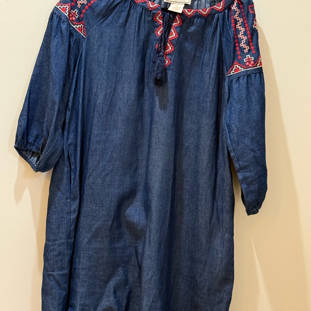 Flying Tomato Blue Denim Top/Dress with Red Embroidery